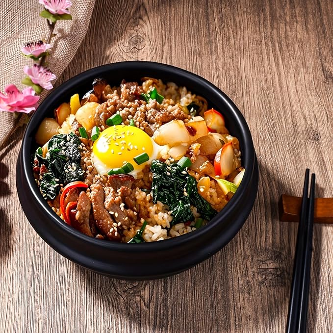 Ceramic Stone Bowl, 6.57 Inch Black Porcelain Dolsot Bowl, Korean Style Bibimbap Bowl for Rice, Soup & Stew, Microwave and Dishwasher Friendly, Heat-Resistant Serving Bowl