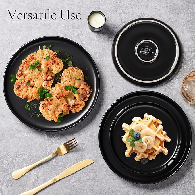 E-far 8” Ceramic Salad Plates Set of 6, Stoneware Dishes Dessert Plate for Home Kitchen Restaurant, Microwave & Dishwasher Safe – Matte Black