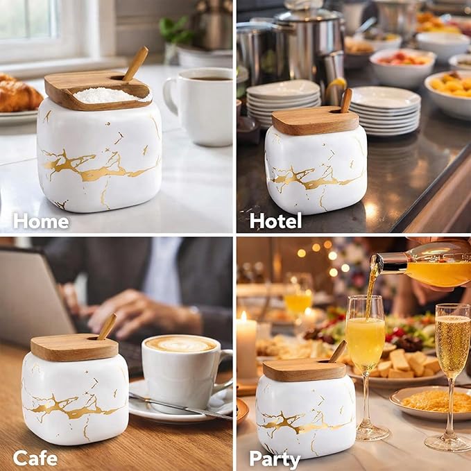 Marble Ceramics Sugar Bowl Ceramic Seasoning Box Ceramic Spice Jars Porcelain Condiment Pots with Lid and Spoon (White)