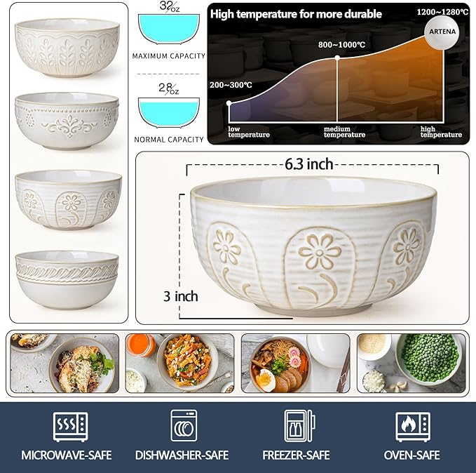 Artena Soup Bowls 32 OZ, Cereal Bowls Set of 4, White Embossment Ceramic Ramen Bowl for Salad, Dinner, Pho, Noodle, Pasta, Snacks, Dishwasher Microwave Safe, 6.3 Inch, Pinwheel Flower (Pack of 2)