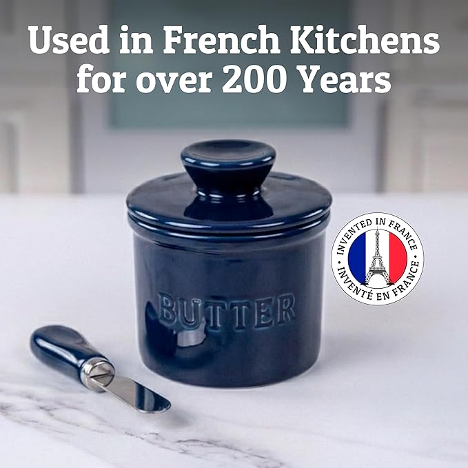PriorityChef Butter Crock with Lid with Water Line,Ceramic French Butter Dish to Leave On Counter, Dark Navy