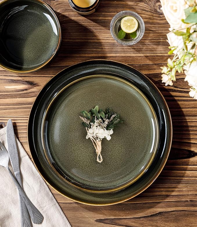 TheTerra Ceramic Dinnerware Sets for 8, 24 Pieces Handmade Reactive Glaze Plates and Bowls Set, Scratch Resistant Dish Set, Oven & Microwave & Dishwasher Safe, Olive Green