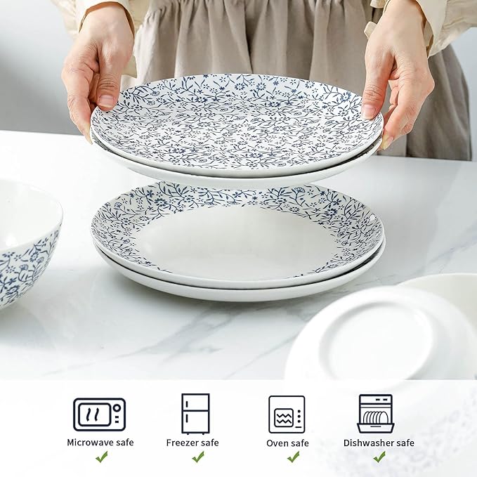 Ceramic Dinner Plates 10 Inch, Vintage Dessert Plates Set of 4, Floral Salad plates for Food, Blue and White Dishes, Round Plates for Kitchen, Oven & Microwave Safe