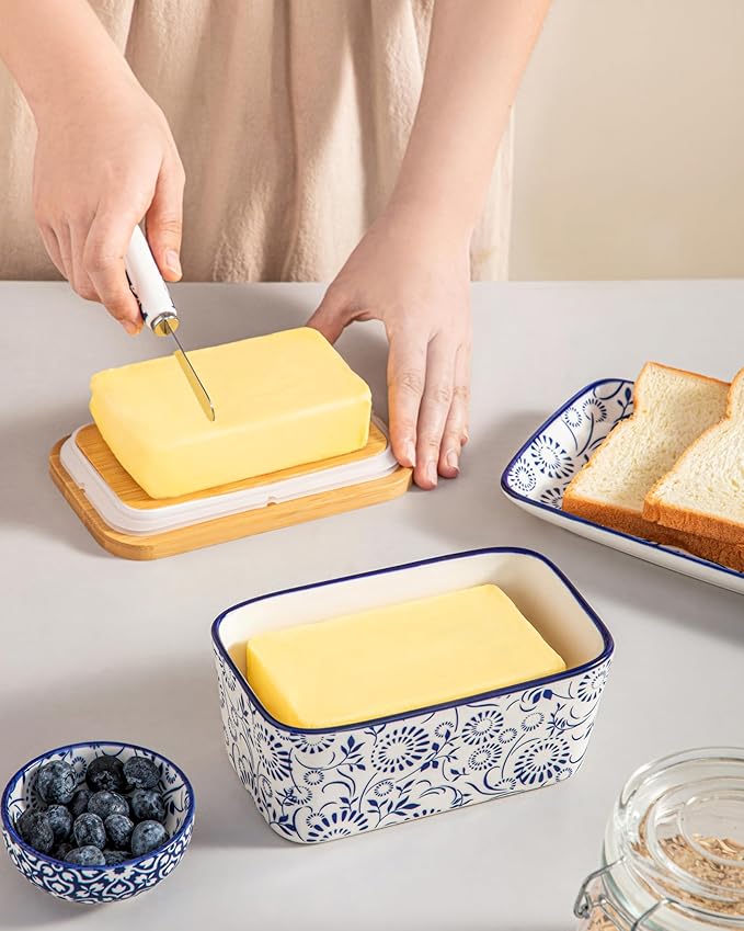 vancasso SELENE Butter Dish with Lid, 6.5" Large Butter Dish for Countertop, Ceramic Butter Keeper Container with Knife and Bamboo Lid, Floral Bloom Pattern