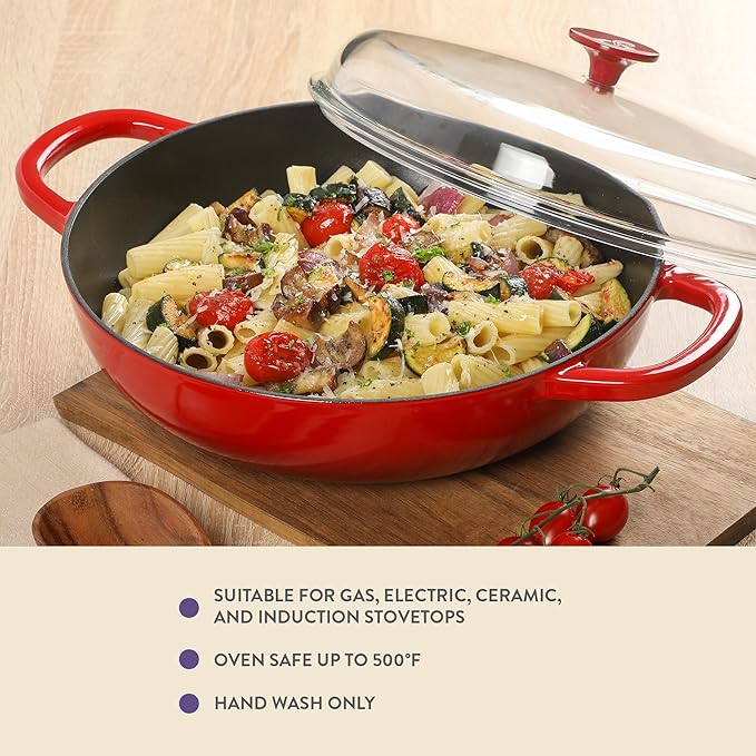 Crock Pot Artisan 5-Quart Enameled Cast Iron Braiser Pan With Oven Safe Borosilicate Glass Lid, Everyday Covered Skillet for Searing, Roasting, and Baking, Red