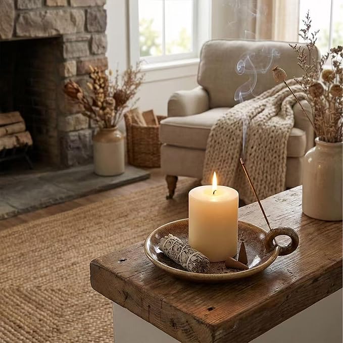 Vintage Ceramic Pillar Candle Holder Round Farmhouse Candlestick Holders with Handle, Decorative Incense Tray for Meditation Room, Table Centerpiece & Home Decor (Khaki)