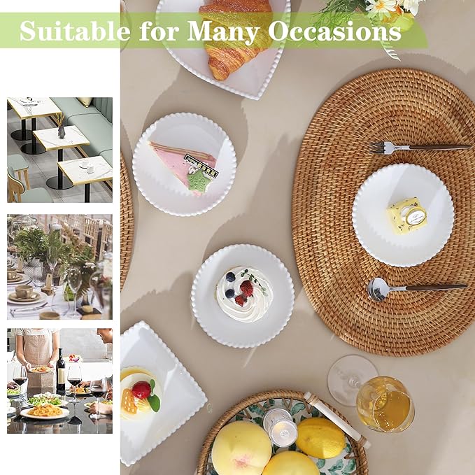 TAMAYKIM 5.5 Inch Porcelain Dessert Plates, Appetizer Plates, Round Small Dinnerware Sets, Scratch Resistant, Microwave, Oven, and Dishwasher Safe, White with Pearl Dots, Set of 12