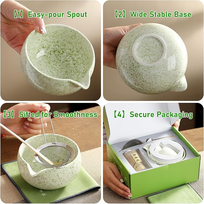 Matcha Whisk Set, Ceramic Matcha Bowl with Spout, Bamboo Whisk, Scoop, Holder, Sifter, Tea Towel, 7-Piece Artisan Wave Matcha Kit Set for Making Breakfast/Latte, Round Green, Large
