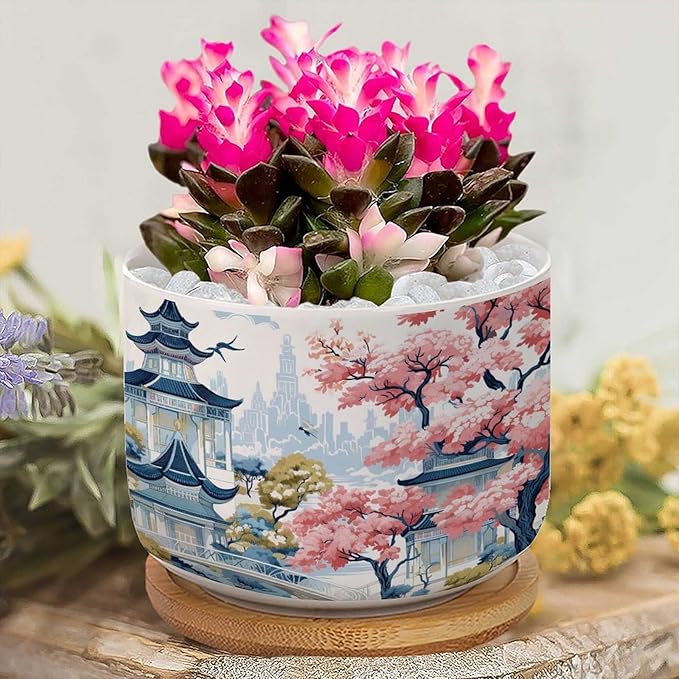 Blue Asia Tiered Tower Coral Pink Flower Ceramics Plant Pot Set of 2 Chinoiserie Garden Scenery Cactus Planter for Indoor with Drainage Chinoiserie Style Small Plant Pot Ceramic