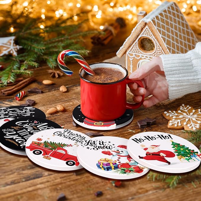 Christmas Coasters Set of 6 Cute Ceramic Coasters with Holder Funny Absorbent Coaster Set Coffee Table Decor Gift for Drinks Home Office Party Desk Table Bar Xmas Holiday Decorative Cup Coaster