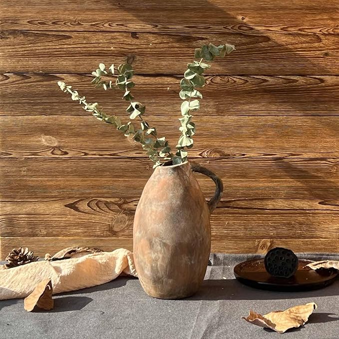 Rustic Ceramic Vase, Farmhouse Vases with Handle, Handmade Pottery Vase, Vintage Rustic Vase for Living Room, Kitchen, Home Decor, Thanksgiving, Centerpieces - 9.6 Inch
