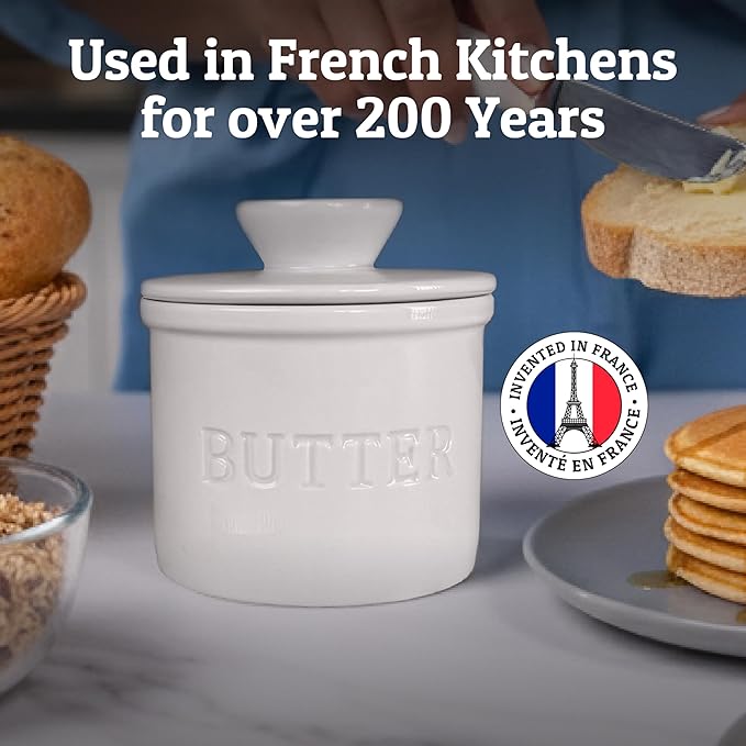 Priority Chef Butter Crock with Lid with Water Line, Ceramic French Butter Dish to Leave On Counter, White