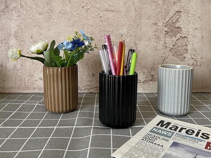 Stoneware Coffee Bar Utensil Holder Tea & Coffee Spoon & Stirrer Holder for Stir Stick Straw Teaspoon Holder Spoon Cup Small Utensil Jar Fluted Vertical Stripe (Matte Black)