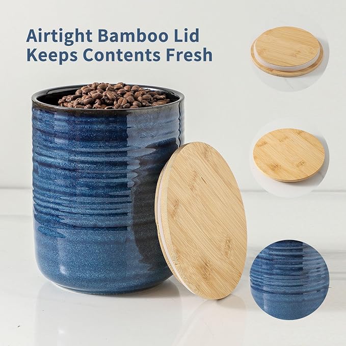 HASENSE 80oz Ceramic Food Storage Jar with Airtight Bamboo Lid – 7.5 Inch Large Kitchen Canister for Coffee, Sugar, Flour, Tea, Snacks – Wide Mouth Blue Container for Pantry Organization