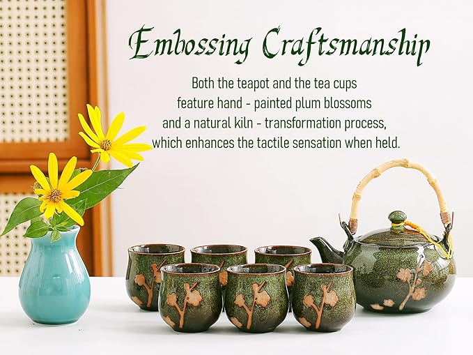 Traditional Japanese tea set, Kiln altered glaze Porcelain tea set with 1 Teapot, 6 Tea cups, 1 Tea Tray,Japanese teapot set, Asian tea sets (Kiln altered-Green)