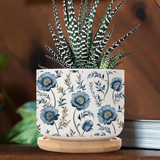 Mughal Flower Ceramics Planter Set of 3 Chinoiserie Blue Floral Cactus Pot for Indoor with Drainage Holes Oriental Chinoiserie Small Succulents Plant Pot Birthday Gift for Mom