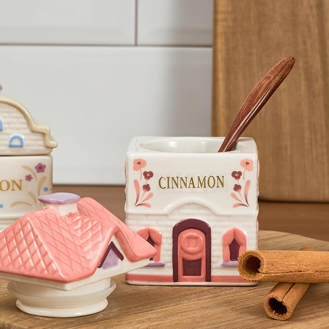 Bico Spice Cottages Pink and White 4 oz Ceramic Spice Jar Set of 2 with Labels, Hand-Painted, Airtight Kitchen Spice Container Organizer