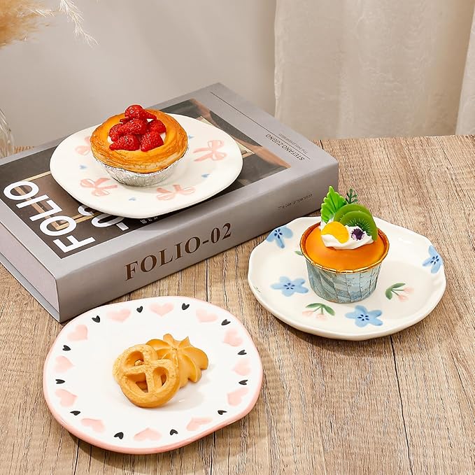 Koythin Ceramic Dessert Plates, Cute Fruits Dinner Plate, Creative Plates Design, Printed Flowers Dinnerware for Office and Home, Kitchen Plates for Desserts (Blue Flowers and Tulip)