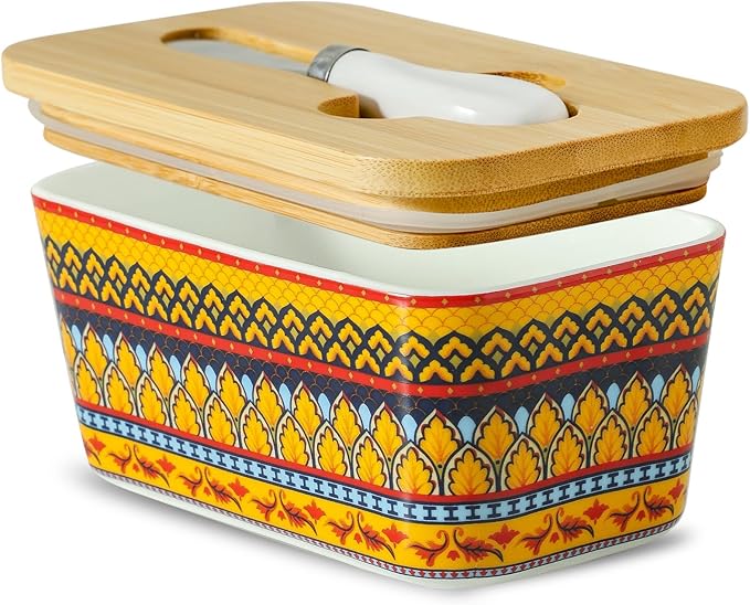 Hasense Butter Dish with Lid, Ceramic Butter Dish with Lid for countertop, Airtight Covered Butter Keeper with Bamboo lid and knife,Butter Holder for Counter, Golden Bloom
