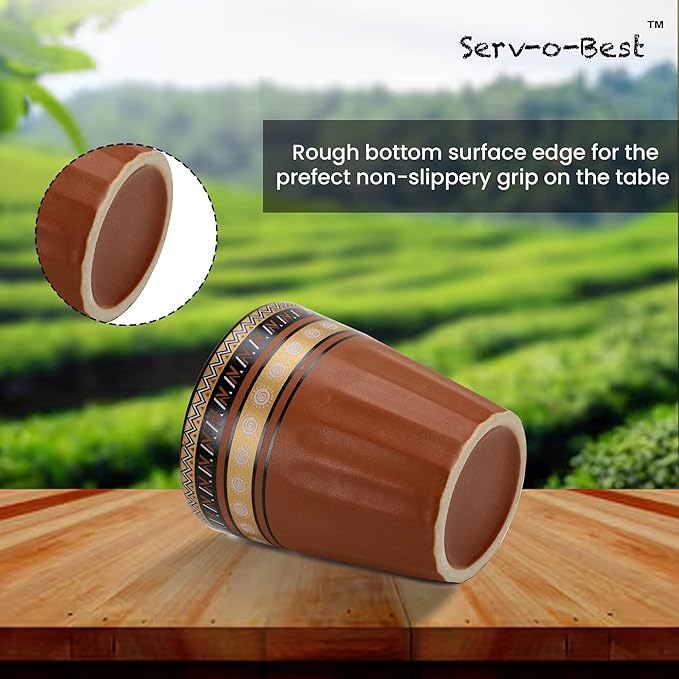 Handmade Cantaritos de Barro Ceramic Tea Cups Set – 6 Desi Kulhad Chai/ Coffee (5 oz Capacity), Lead-Free, Dishwasher & Microwave Safe, Glazed, finish Clay Tea/ kulhar/ kullar - Brown Rangoli desgin