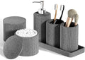 6-Piece Grey Bathroom Set - Mesh Textured Resin Bathroom Accessories Set with Soap Dispenser, Toothbrush Holder, Cup, Vanity Tray & Apothecary Jars for Small Spaces