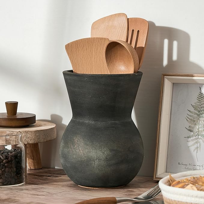 JIEMEI HOME Ceramic Kitchen Utensil Holder, 7.87" Large Rustic Utensil Crock for Countertop, Farmhouse Cooking Tool Organizer, Spatula Holder For Kitchen Decor, Black Bronze