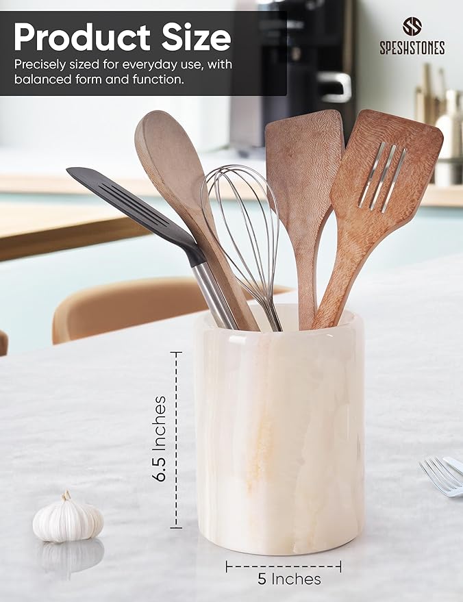 Marble Utensil Holder 6.5 Inch Cream Onyx Wooden Cooking Utensils Set & Spatula Organizer for Kitchen Counter, Stone Utensil Crock & Caddy for Spoon Holder & Farmhouse Decor