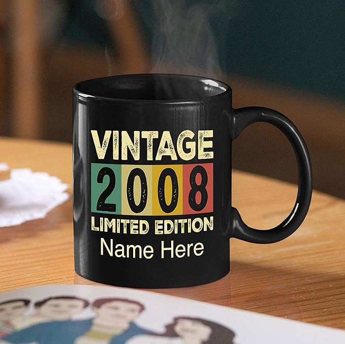 PREZZY Vintage 2008 Limited Edition 15th Birthday Decorations Personalized Gifts for Women Men Mothers Day Fathers Day Gift 15 Year Old Birthday Mug Customized Name Ceramic Black Tea Cup 11oz 15oz