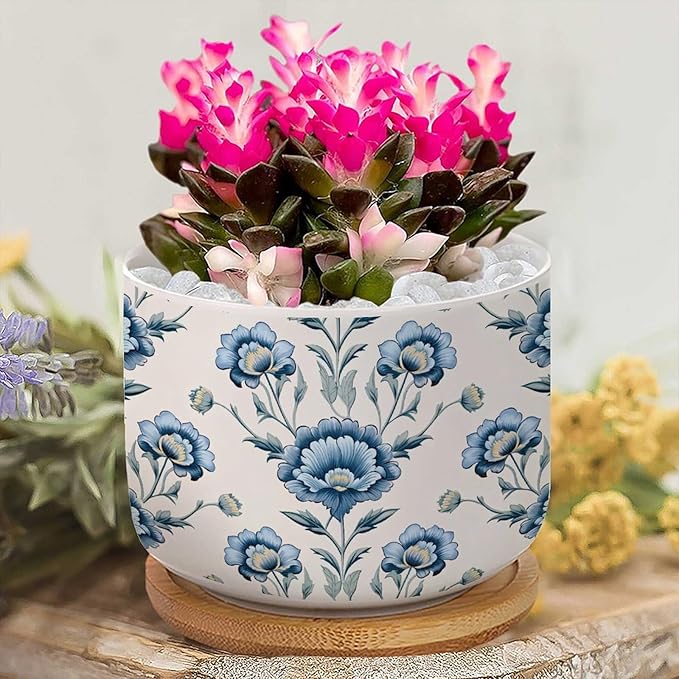 3 Piece Ceramics Planter Mughal Flower Small Pots for Succulents Chinoiserie Blue Floral Cactus Pot for Indoor Asian Scenery Chinoiserie Plant Pot with Drainage Holes