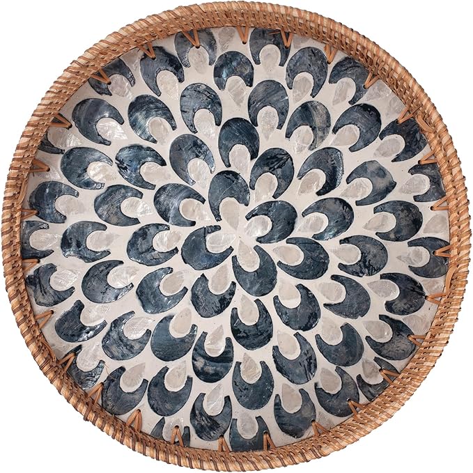 YANGQIHOME Round Serving Tray with Handle, Rattan Tray with Decorative Mother of Pearl Inlay, Round Wicker Trays for Home Decor, Coffee Table, Gifts, Dining,13.8 inch