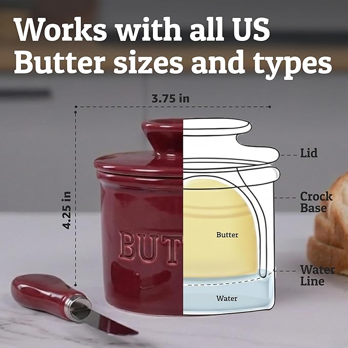 PriorityChef Butter Crock with Lid with Water Line,Ceramic French Butter Dish to Leave On Counter, Winery
