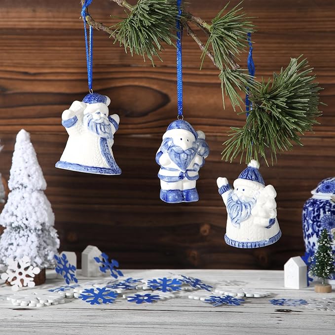 3 Pieces New Year Chinoiserie Ornaments Blue and White Porcelain Ornaments Ceramic Hanging Pendants Chinoiserie Decorations for Tree Wreaths Mantel Decor