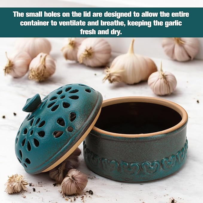 Peacock Blue Garlic Keeper for Counter Small, Ceramic Storage Jar & Garlic Holder for Friends Who Like Cooking, Garlic Container Saver for Kitchen, Keep Your Garlic Cloves Fresh Longer, 3-Inch