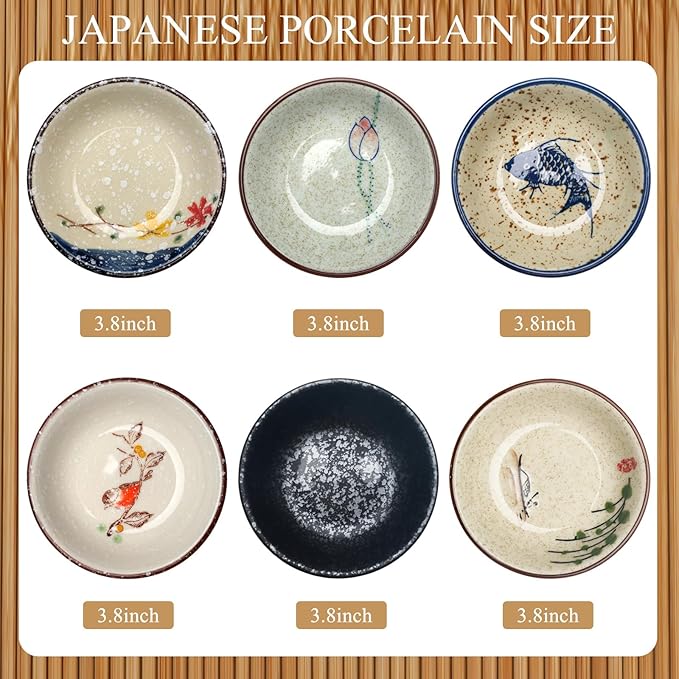 Tioncy Set of 12 Japanese Retro Style Tableware Soy Sauce Dish Set 6 Pcs Asian Soup Spoons 6 Pcs Ramen Appetizer Plates 3.8 Inch Japanese Rice Spoon for Sushi Sauce Snack