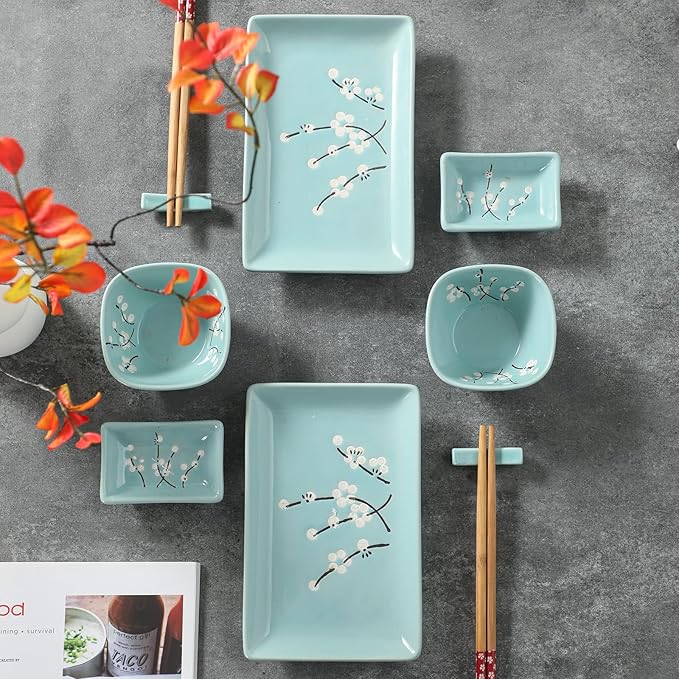 10 pcs Japanese Sushi Plate Sets Serving Platters and Trays for Entertaining Sushi Dishes Set Plates Sushi Plates Traditional Cuisine Dinnerware Sets with Chopsticks Blue Plum
