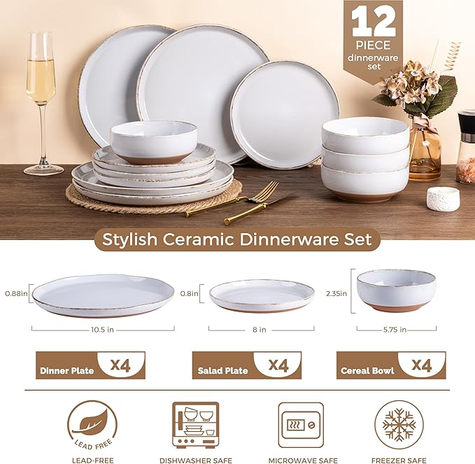 AmorArc Ceramic Dinnerware Sets for 4, 12 Pieces Handpainted Plates and Bowls Set with Rustic Terracotta Underside, Scratch Resistant Stoneware Dishes Set, Dishwasher & Microwave Safe, White