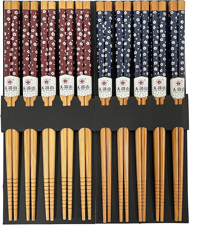 10 Pairs Reusable Bamboo Chopsticks, Falling Sakura Pattern Natural Bamboo Wood Chopsticks, 8.8Inch/22.5cm Polybag packing by LANHUTHS