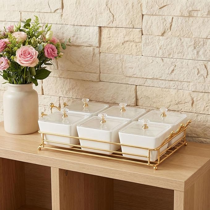 YA JU Ceramic Bowls and with Lid Gold Basket Trays, 6 Removable Small Bowls Condiment Trays Nut Serving Set for Snacks, Fruits, Candy and Condiments -Great for Parties, Holiday Gifts, White