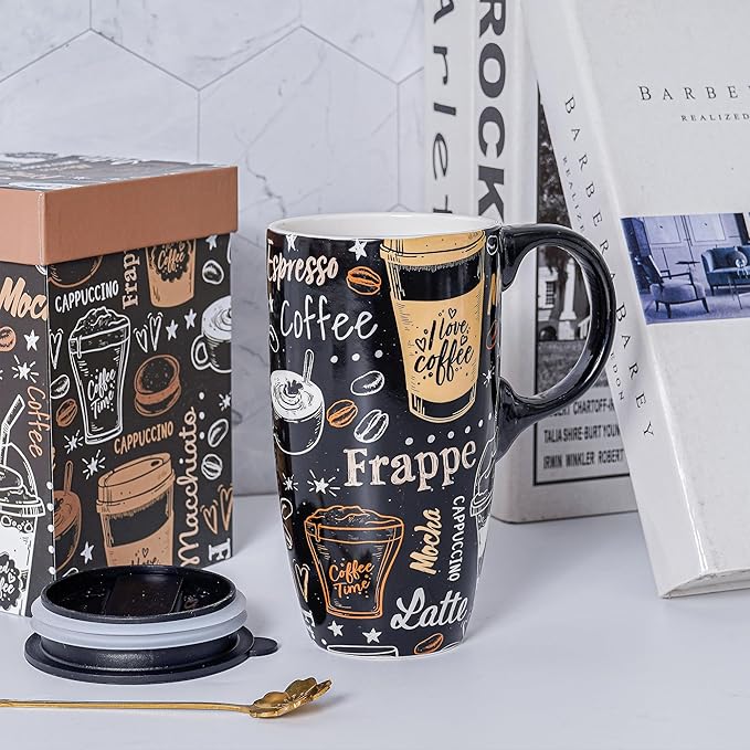 DUSVALLY Ceramic Coffee Mug, Travel Tea Mug for Car Cup Holder, Tall Tea Cup with Handle for Office and Home, Unique Gifts for Women and Man, 17 oz, Frappe