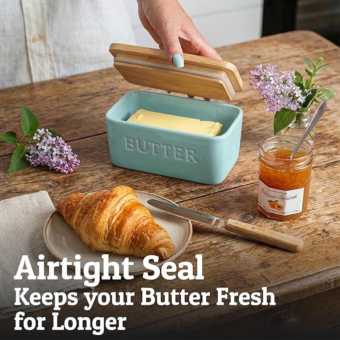 PriorityChef Extra Large Butter Dish with Lid for Countertop, Ceramic Butter Container With Airtight Cover, Butter Keeper for Counter or Fridge, Butter Holder Storage, Cool Green