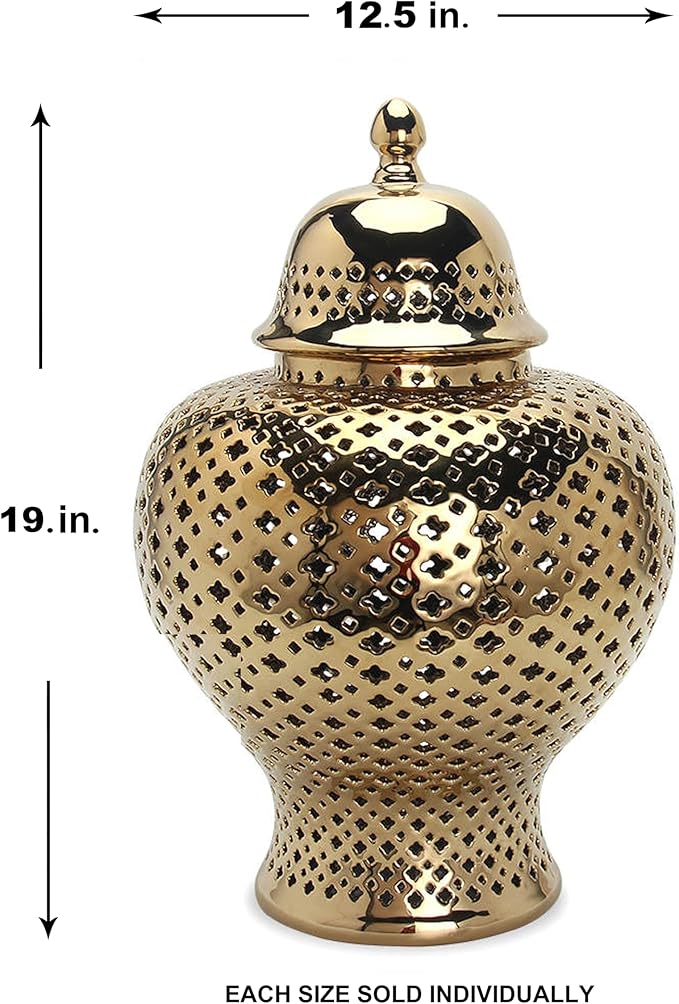 Noori Home - 100% Modern Glam Artisan Ceramic SANA Large Sana Ginger Jar Urns with Lid 12.5x12.5x19