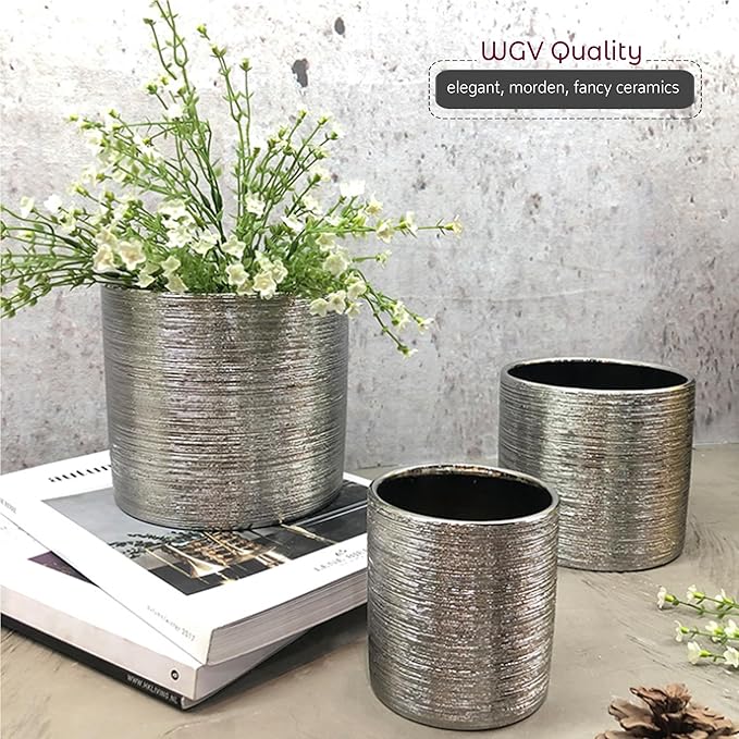 WGVI Silver Etched Ceramic Cylinder Vase Width 5.5" Height 5", Flower Arrangements, Candle Holder, Terrarium Planter Pot, Storage Container Organizer, Pen Brush Holder, Scratched Texture Design, 1 Pc