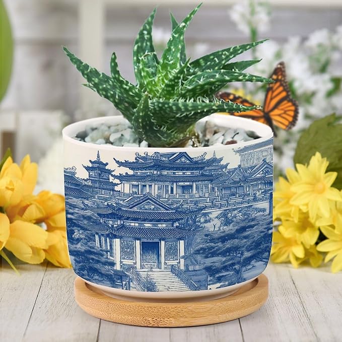 Planters Ceramic Chinoiserie Blue And White Porcelain Pattern Ceramic Pots with Drainage Holes Round Flowerpot Bamboo Tray Plant Pots for Succuelnt And Little Snake Plants Pots for Nana Grandma