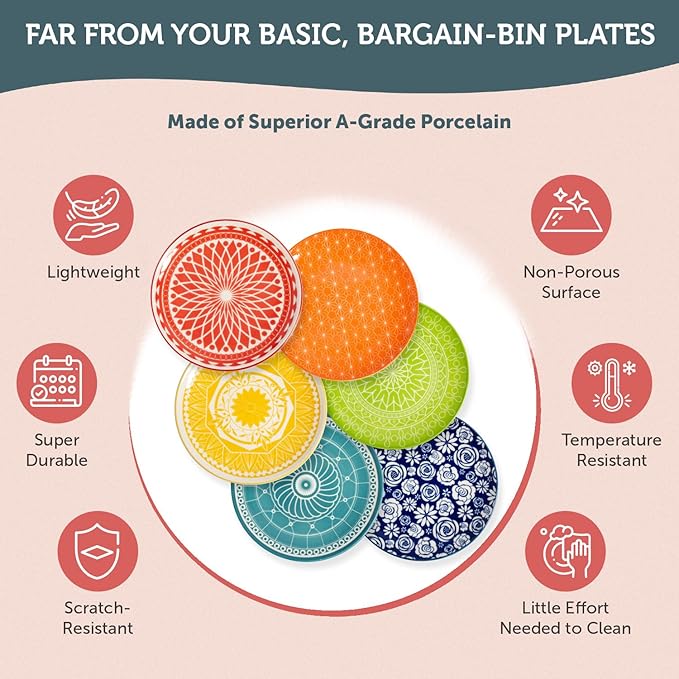 Annovero Dessert Plates - Small 6 Inch Plate for Appetizer, Cake, Snack, Pie, Cocktail - Microwavable - Decorative Colorful Porcelain Mini Saucer - Zero Lead & Cadmium - Set of 6