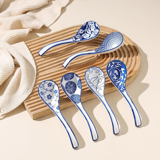 Selamica Ceramic Asian Soup Spoons Set of 6, Ceramic Chinese Soup Spoon, 6.3 Inch Ramen Spoons, Japanese Soup Spoons for Cereal Stews Noodles, Vintage Blue