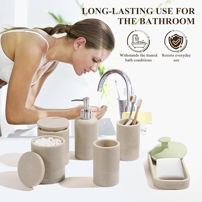 Bathroom Accessories Set, 6-Piece Bathroom Accessory Set, Toothbrush Holders Set, Soap Dispenser, Vanity Tray, Tumbler, Cotton Swab Jars, Bathroom Organizer for Modern Bathrooms(Beige)