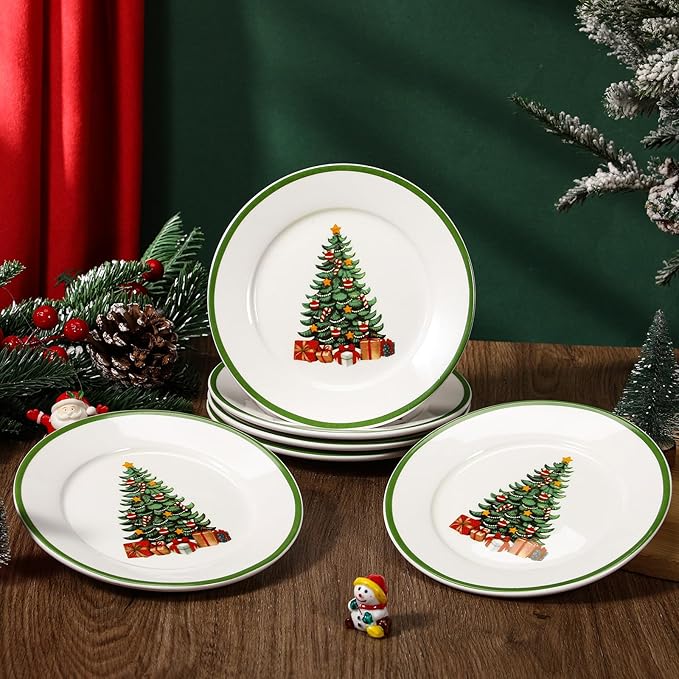 Honeydak 6 Pcs 6 Inch Christmas Plates Ceramic Xmas Tree Decorations Porcelain Plate Green Appetizer Salad Dessert Dinner Dishes for Holiday Party Tableware Supplies Table Decoration