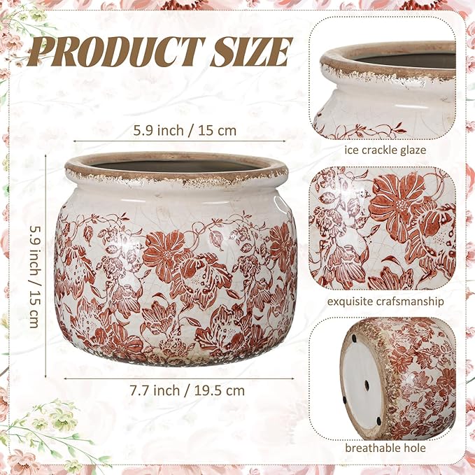 7.7" Large Ceramic Plant Pot Beige Brown Vintage Peony Crackle Glaze Rustic Flowers Pot Decorative Planter with Drainage for Indoor Outdoor Plants Home Kitchen Office Decor Gift