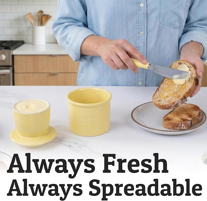 PriorityChef Butter Crock with Lid with Water Line,Ceramic French Butter Dish to Leave On Counter, Pastel Yellow