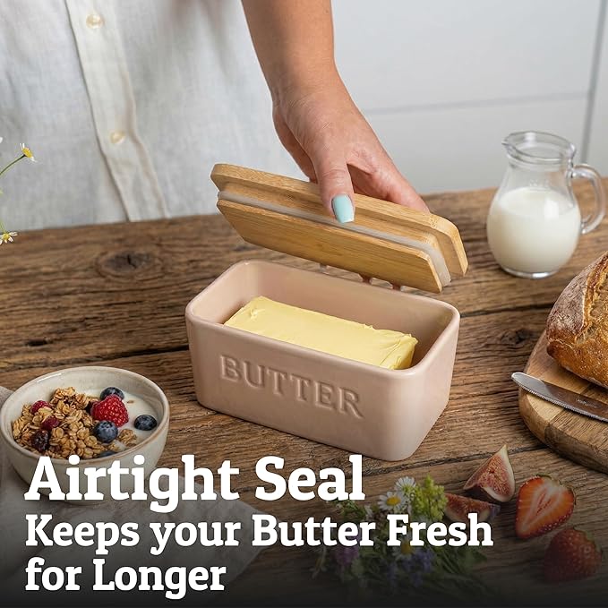 PriorityChef Extra Large Butter Dish with Lid for Countertop, Ceramic Butter Container With Airtight Cover, Butter Keeper for Counter or Fridge, Butter Holder Storage, Latte